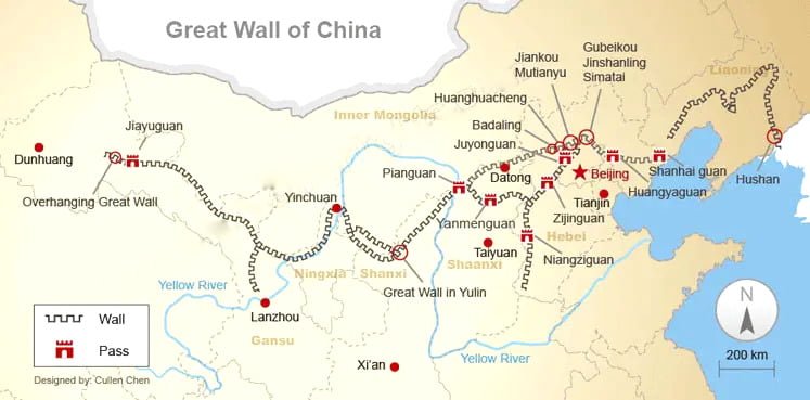 Map of the location of the Great Wall